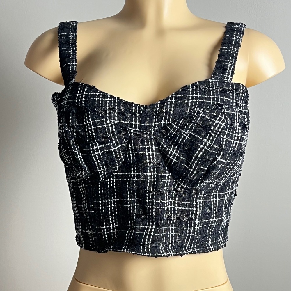 Tweed Bustier Crop Top Womens Small S Black Plaid Metallic Smocked Back Festival